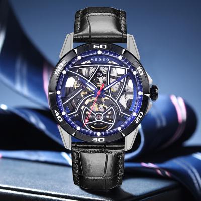 MEDEO unique Luminous tourbillon mechanical watches custom logo Genuine leather strap waterproof automatic mechanical watches for men
    