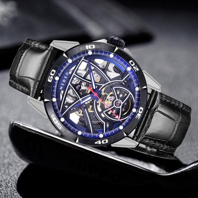 Montres mécaniques à tourbillon lumineux uniques, logo personnalisé, bracelet en cuir véritable, montres mécaniques automatiques étanches pour hommes